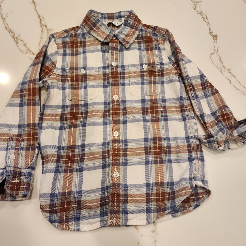 Janie and Jack Boys Plaid Button Down Shirt Size 3 Blue Brown Cream Long Sleeve